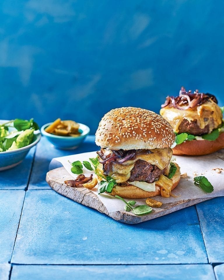 Green olive cheeseburgers with slow-cooked onions