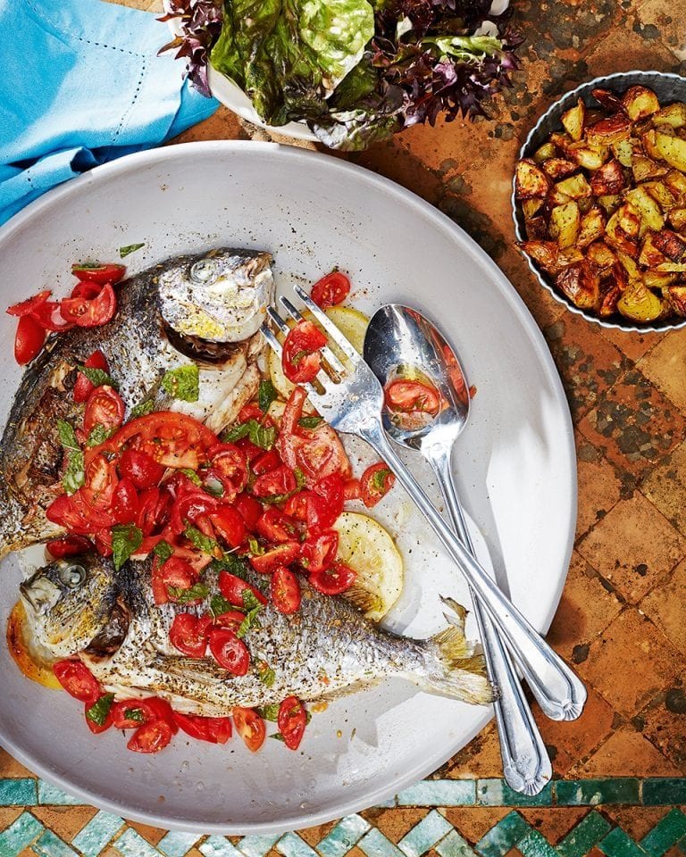 Roasted sea bream, tomato salad and rosemary potatoes