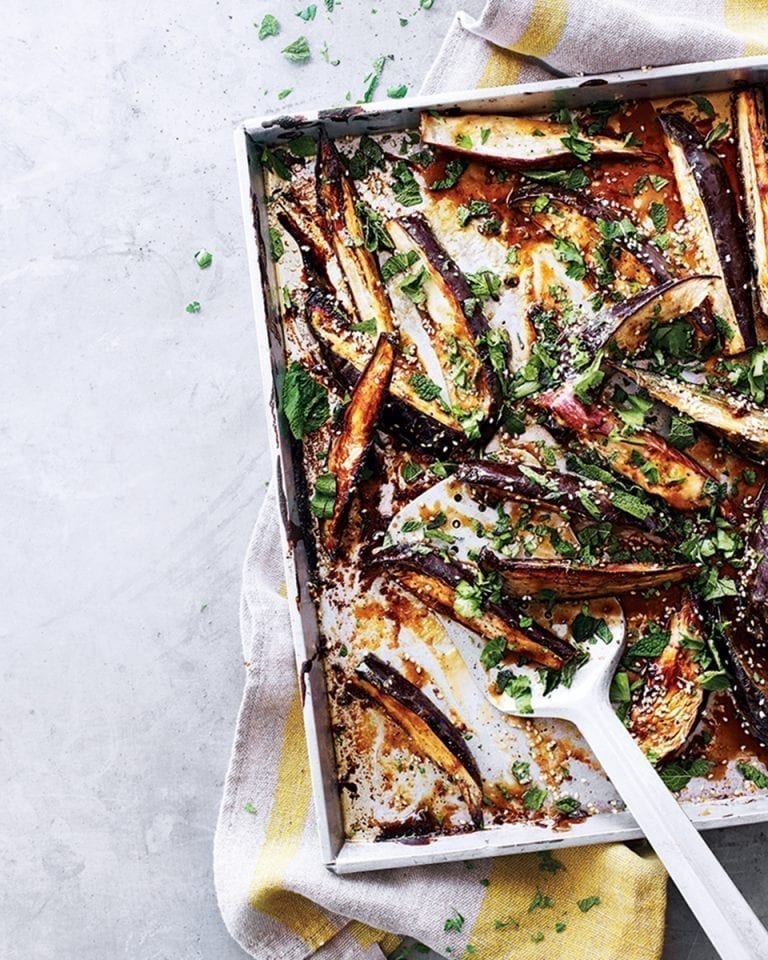 Sticky miso and tahini aubergine wedges