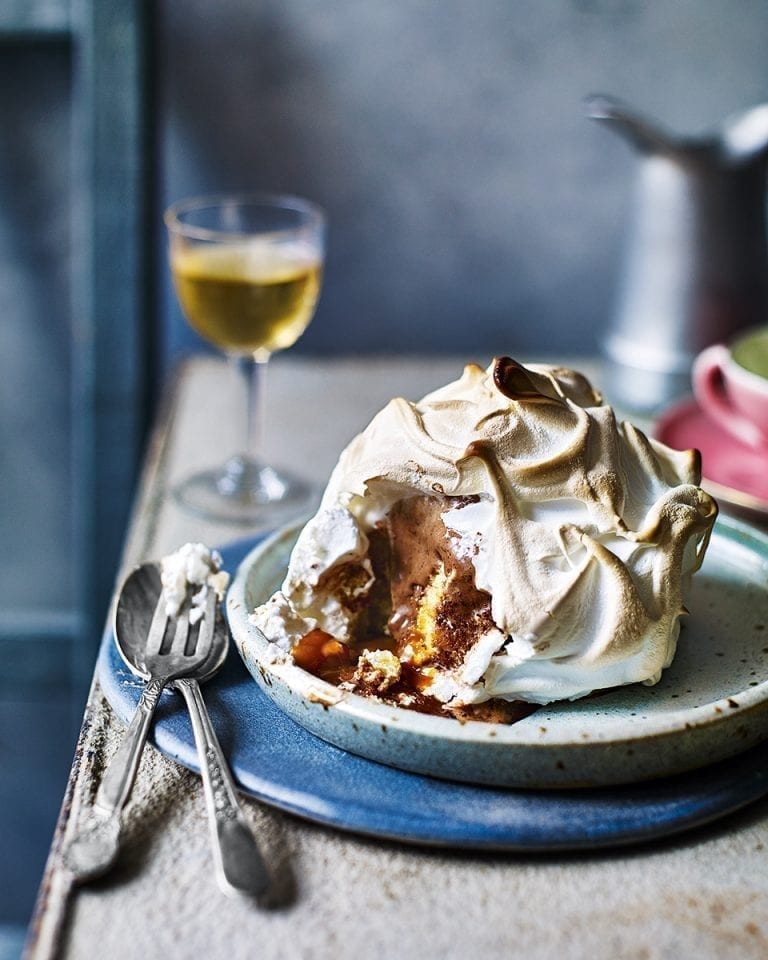 Chocolate, peanut butter and caramel baked Alaskas