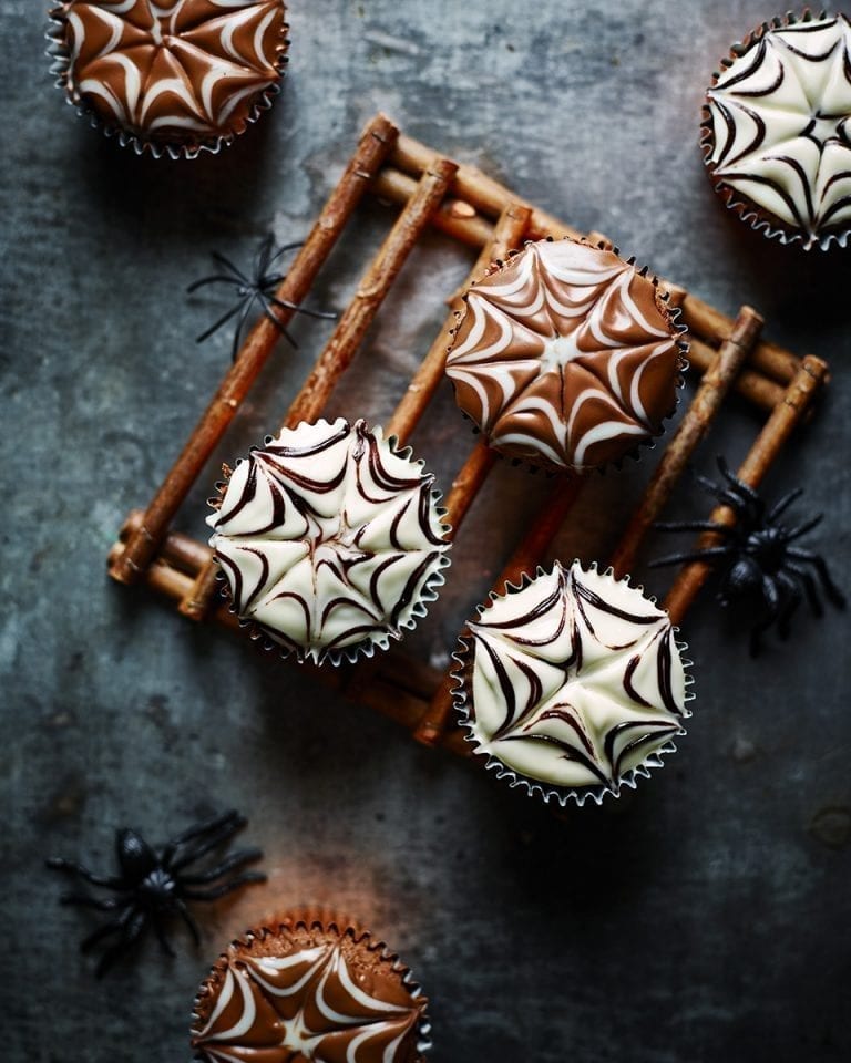 Chocolate spiderweb cupcakes