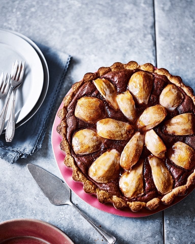 Chocolate frangipane pear tart