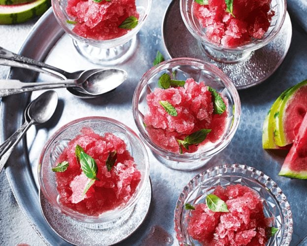 Watermelon, vodka, raspberry and mint granita