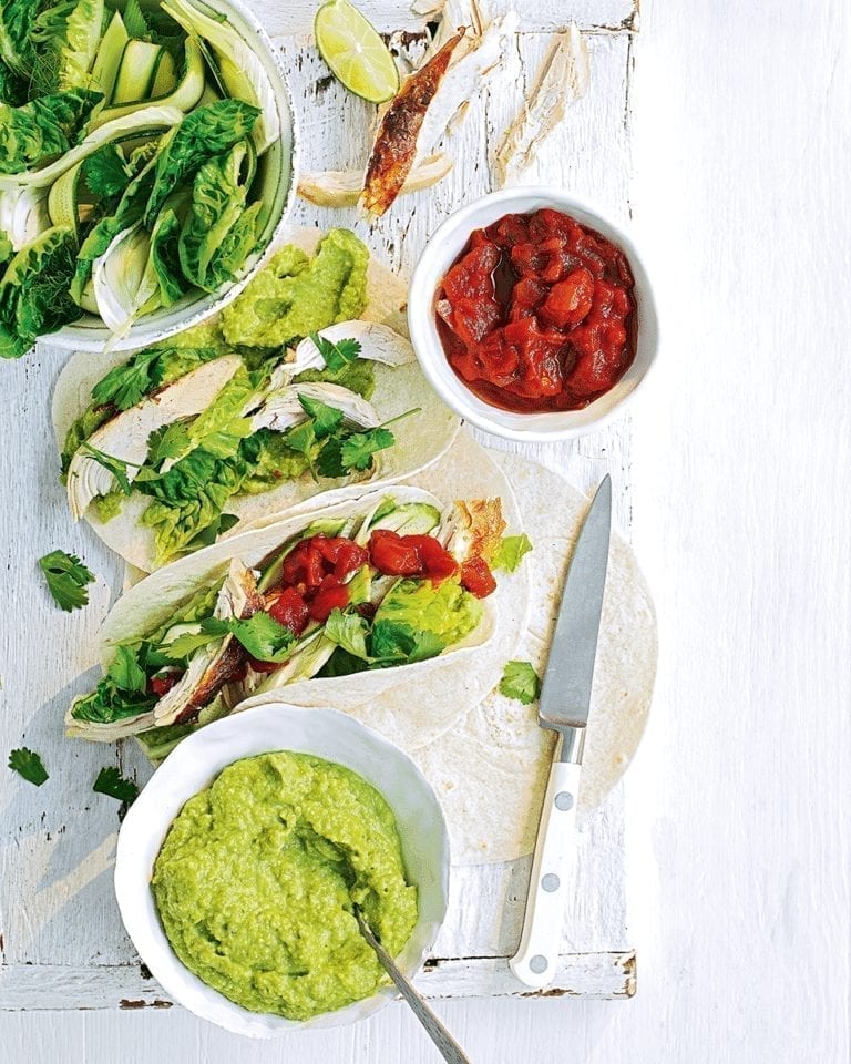 Green veg and chicken tacos with pea guacamole