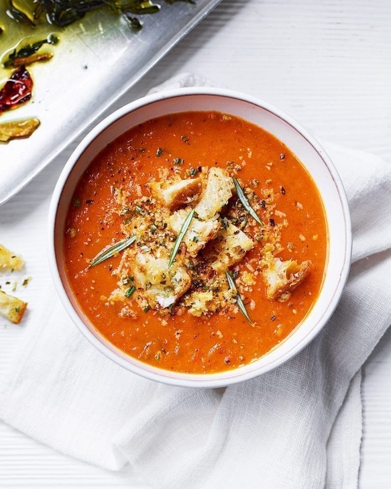 Roasted tomato soup with croutons