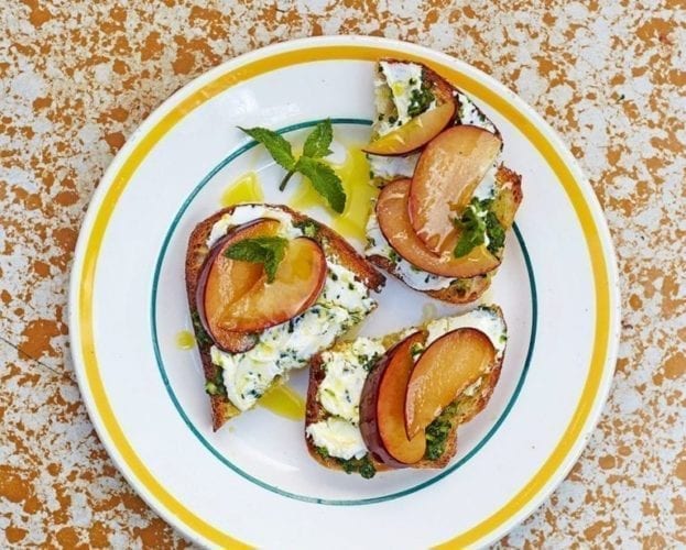 Sourdough toast, mint adjika, labneh and plums