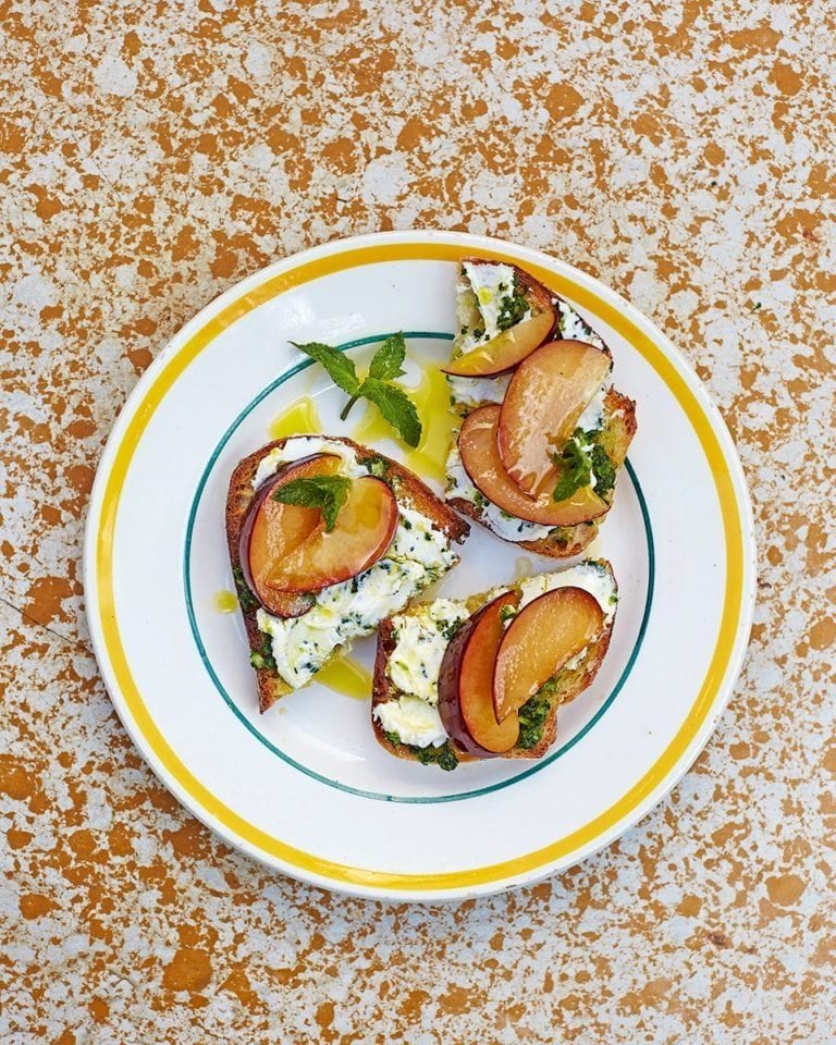 Sourdough toast, mint adjika, labneh and plums