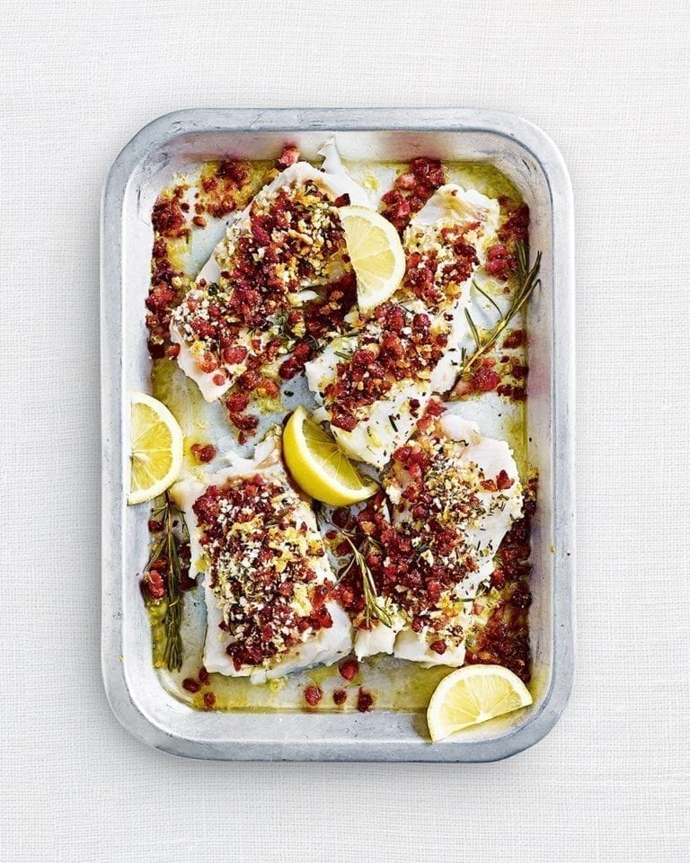 Baked cod with bacon and lemon crumb