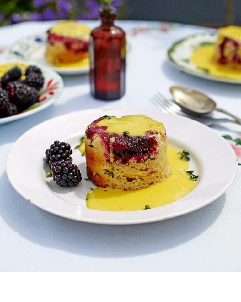 Blackberry and thyme steamed puddings with bay custard