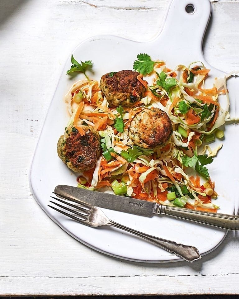 Thai prawn balls with carrot and cabbage salad recipe | delicious. magazine