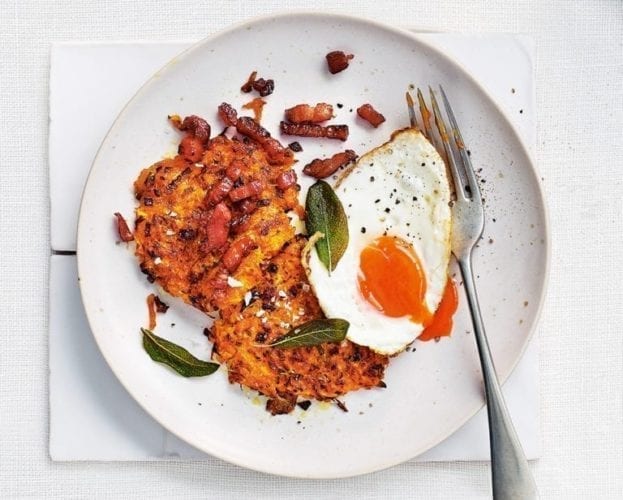 Butternut fritters shown on a plate, with a fried egg and fork