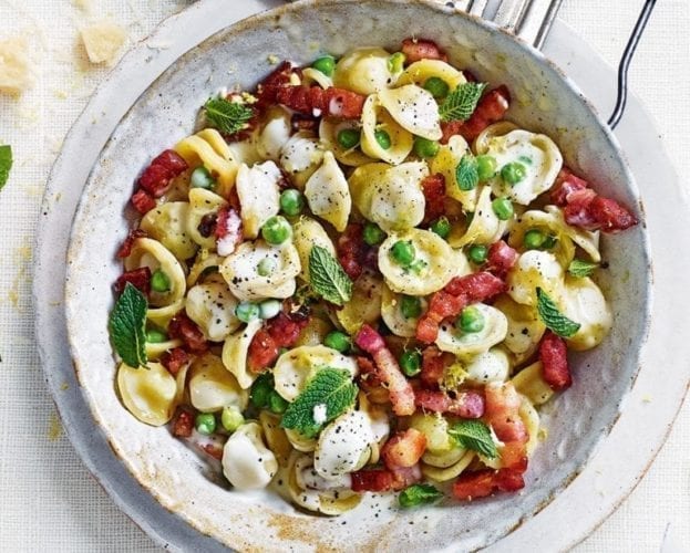 Pea, bacon and crème fraîche orecchiette