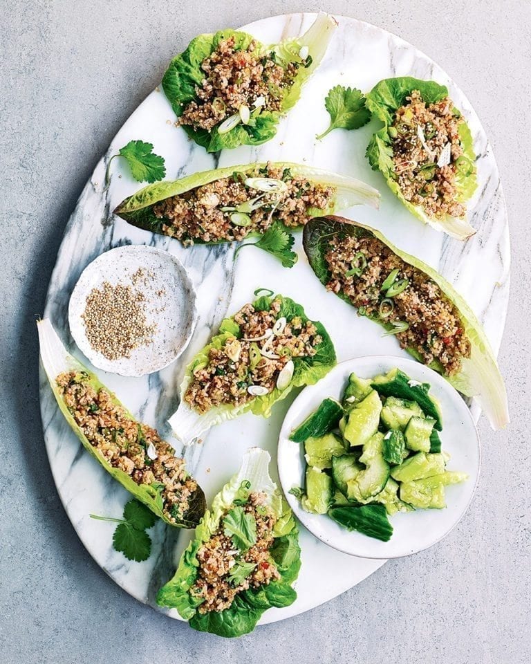 Toasted quinoa and pork mince larb with smashed cucumber