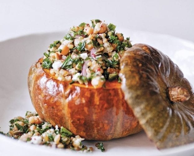 Stuffed pumpkin with bulgur wheat, feta and figs