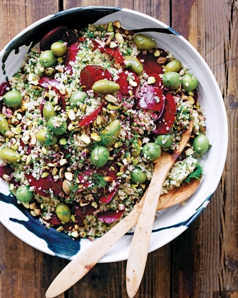 Lemony raw beetroot and quinoa salad with dill and olives