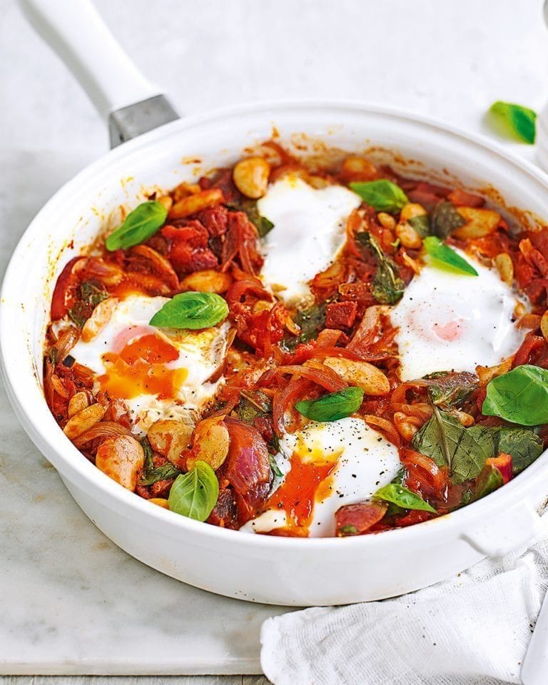 Baked eggs in spicy chorizo tomato sauce