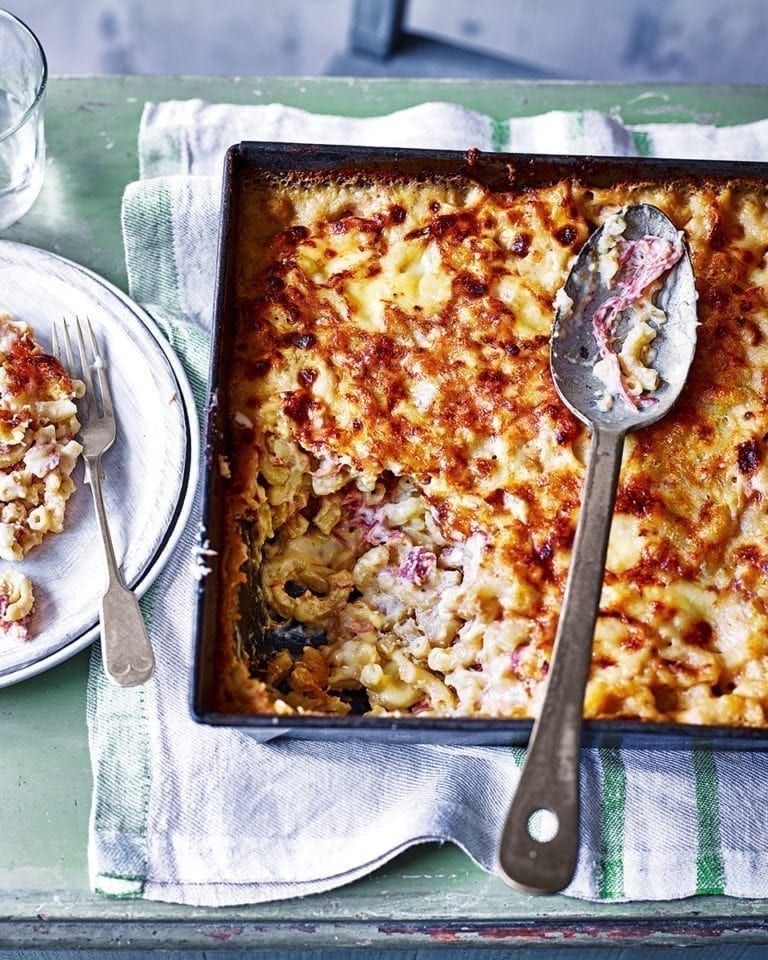 Welsh rarebit and ham hock macaroni cheese recipe | delicious. magazine