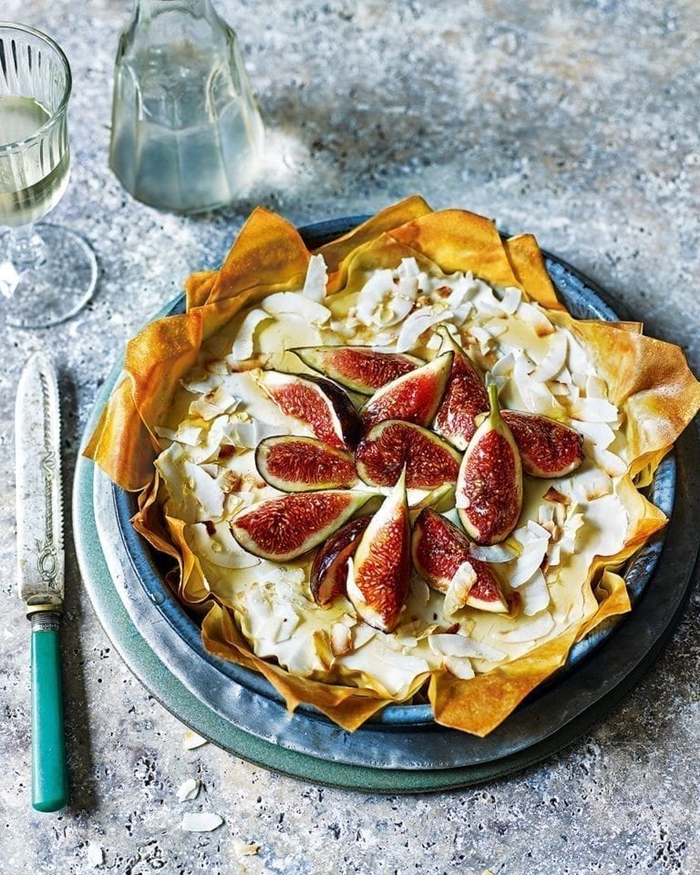 Ricotta filo tart with figs, rum and toasted coconut