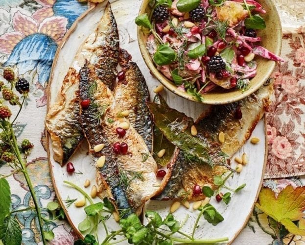 Pan-fried mackerel fillets with pear and pomegranate slaw