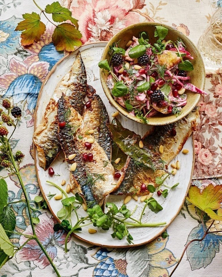 Pan-fried mackerel fillets with pear and pomegranate slaw