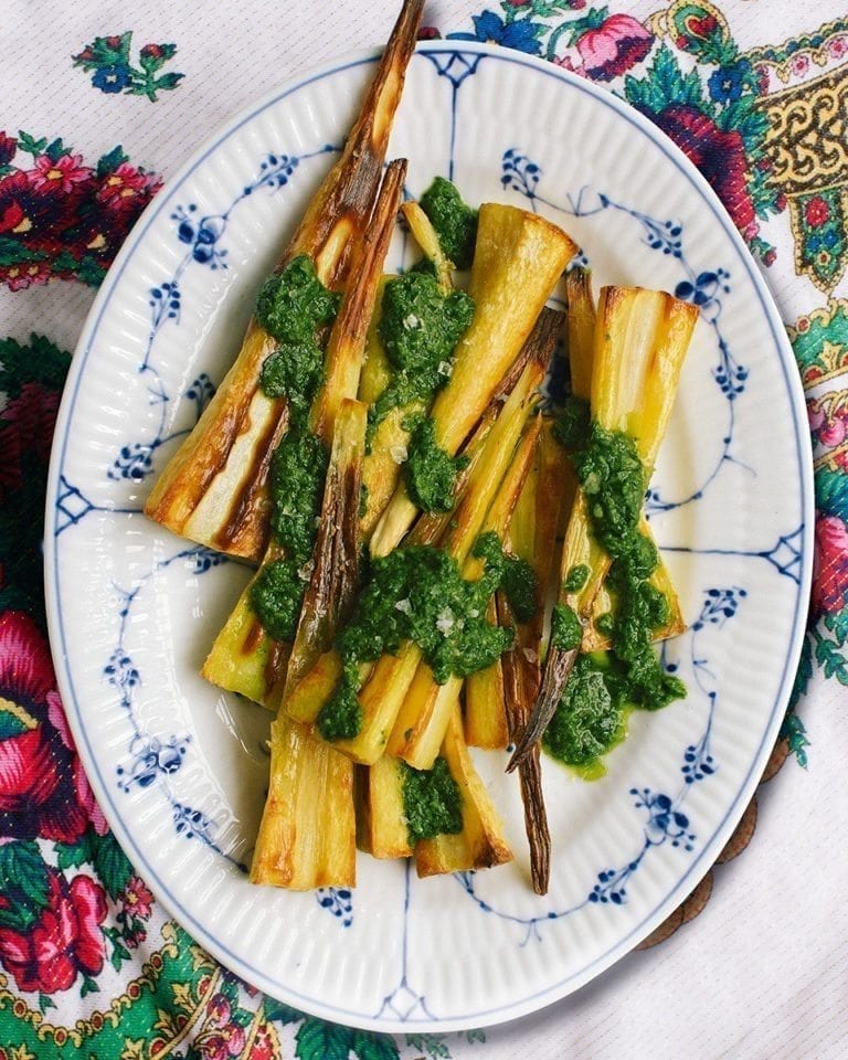 Roast parsnips with almond, sorrel and watercress sauce