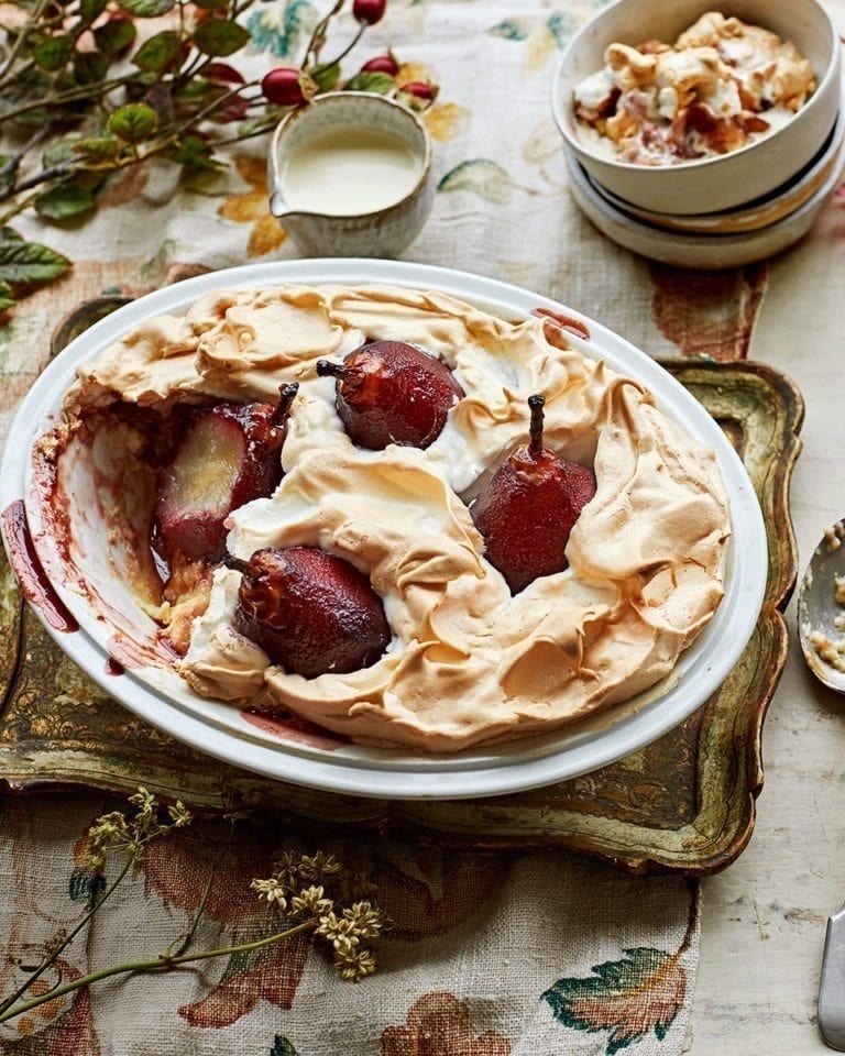 Poached pear queen of puddings