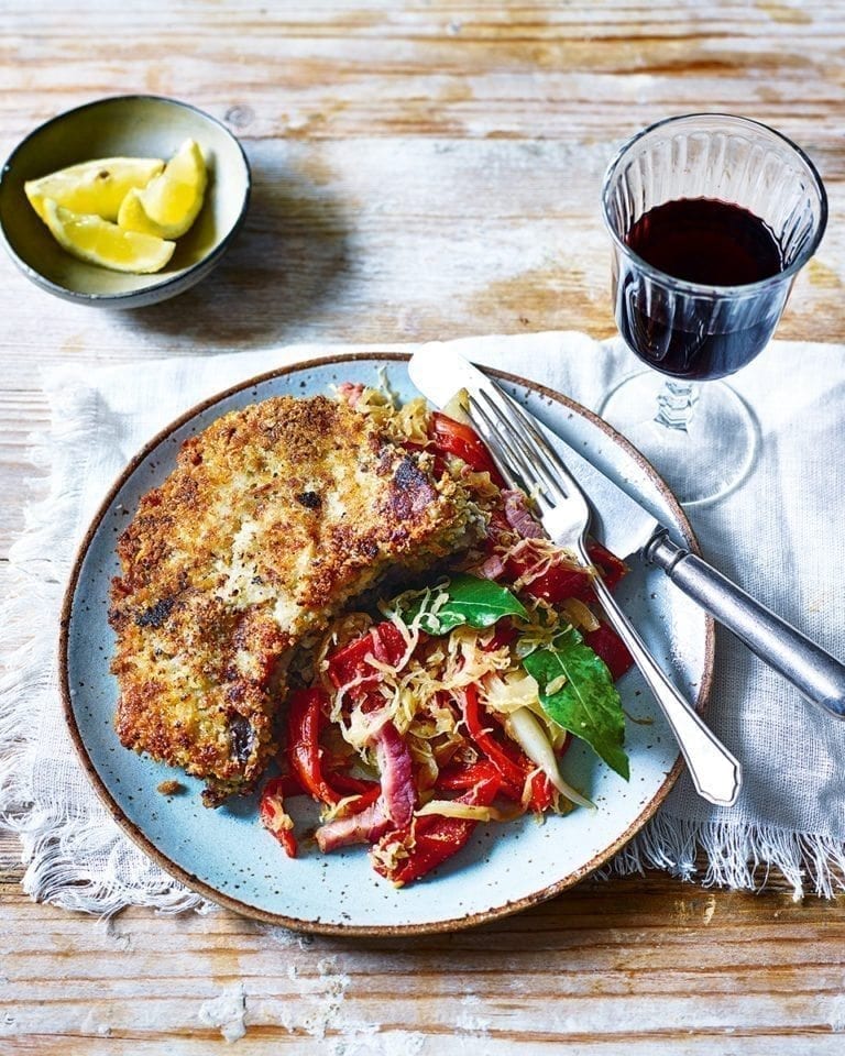 Starka’s breaded pork chops with fried cabbage