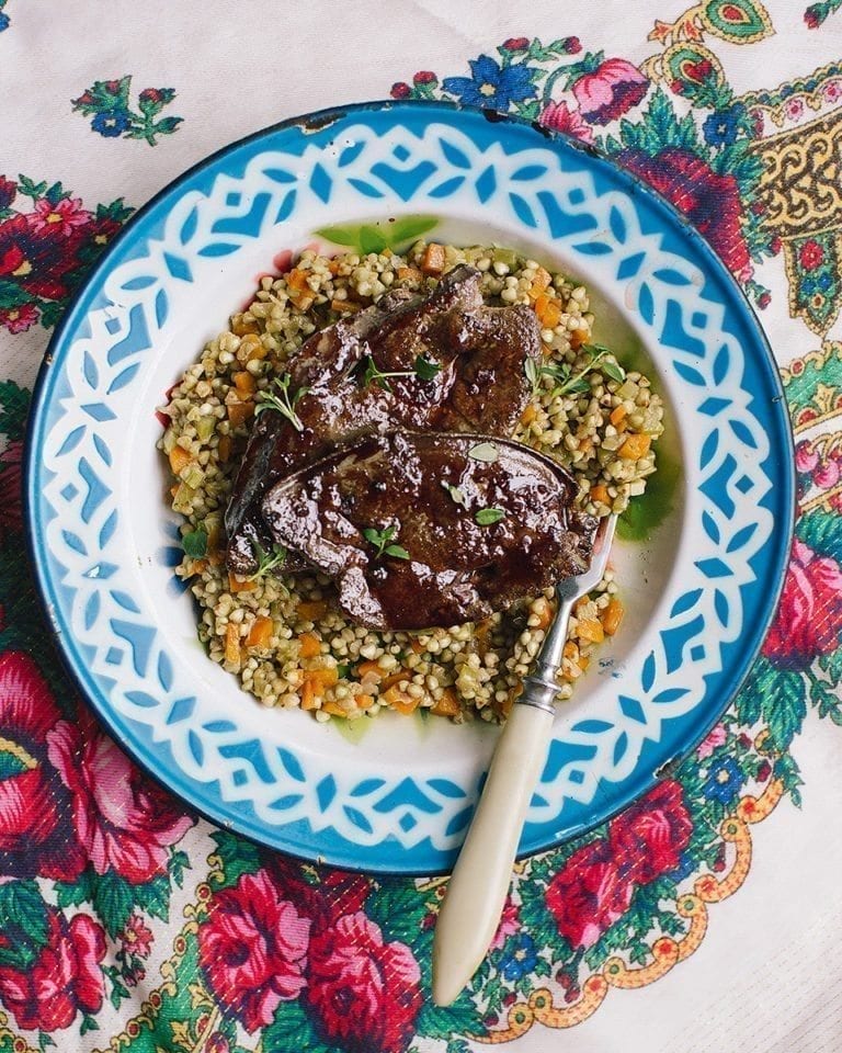 Lamb’s livers in pomegranate glaze with braised buckwheat