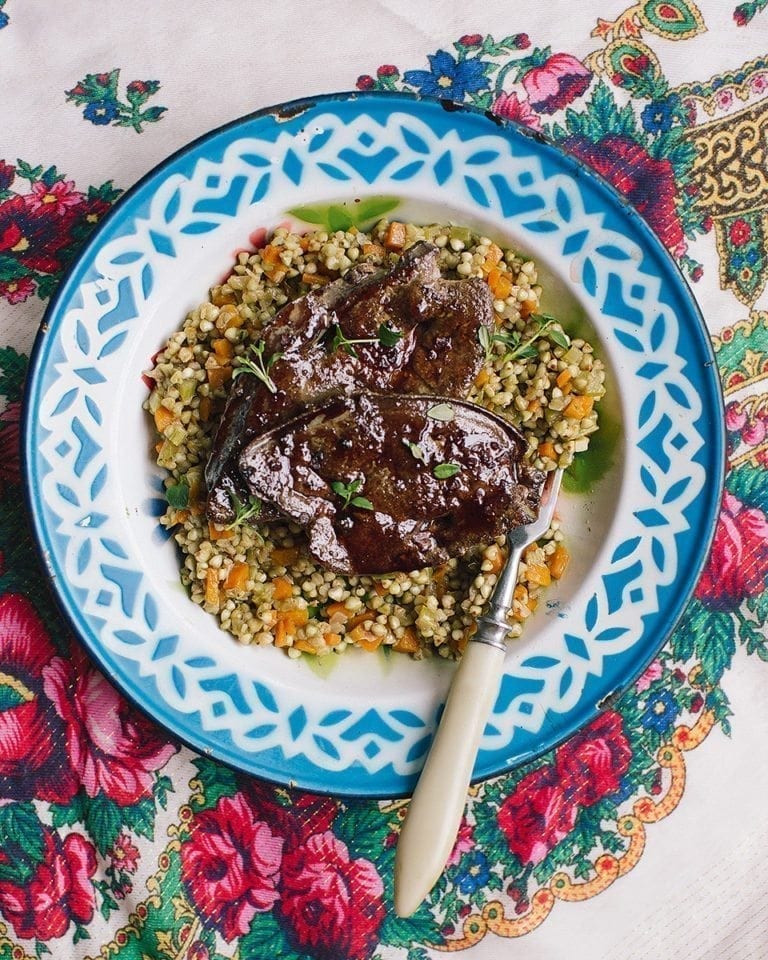 Lamb's livers in pomegranate glaze with braised buckwheat recipe
