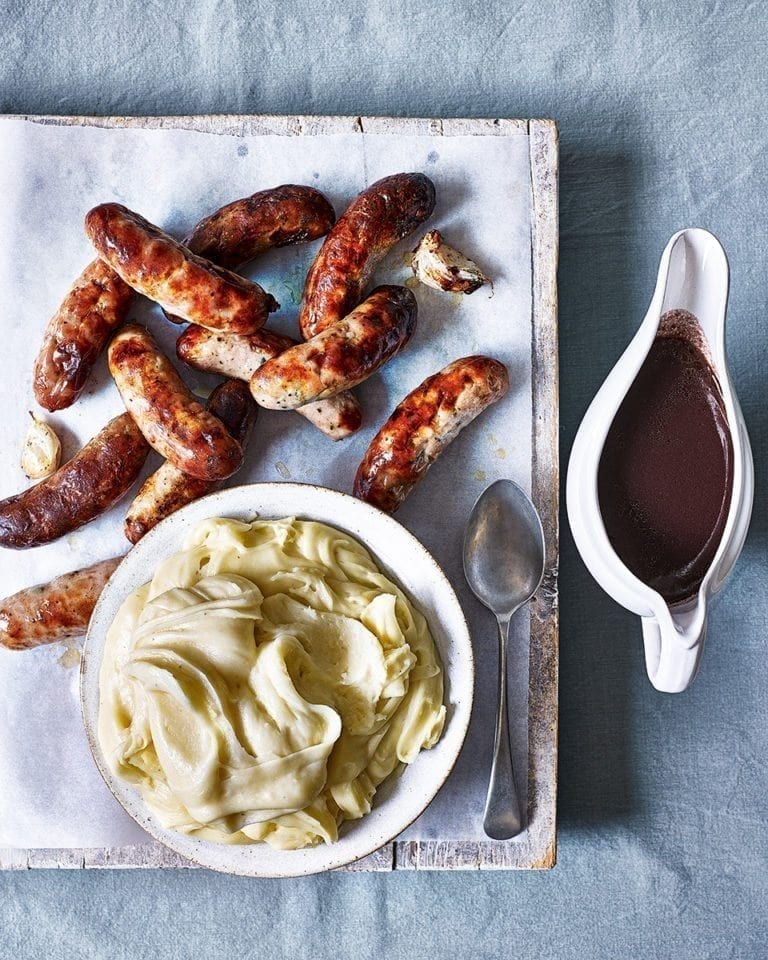 Sausages with aligot (garlic cheese mash)