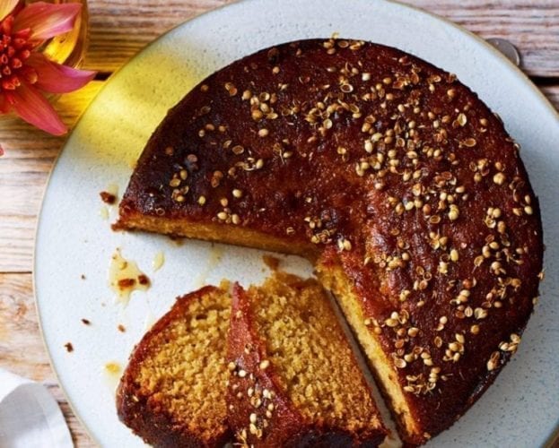 Coriander seed, spelt and orange honey cake with cardamom yogurt sorbet