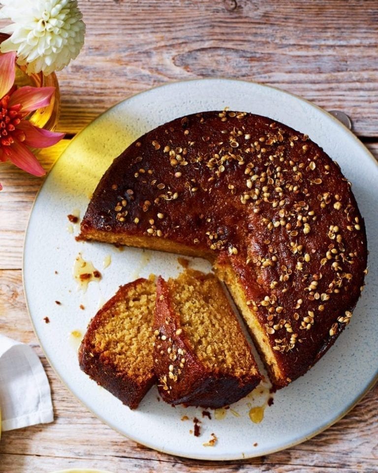 Coriander seed, spelt and orange honey cake with cardamom yogurt sorbet