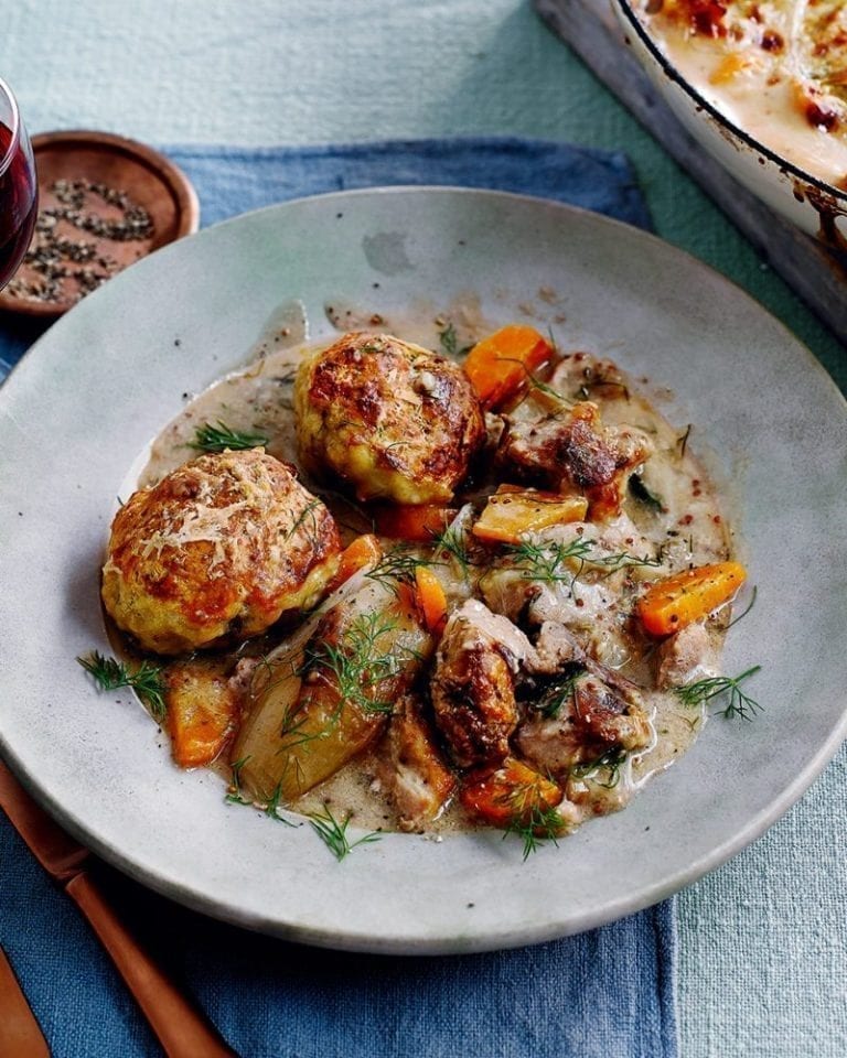 Creamy pork and sherry casserole with parmesan dumplings