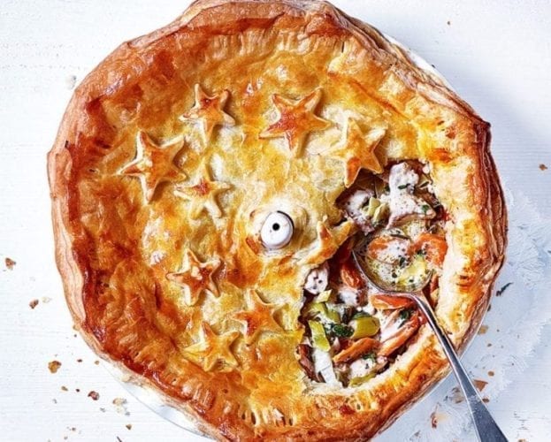 Chicken and leek pie with a puff pastry top