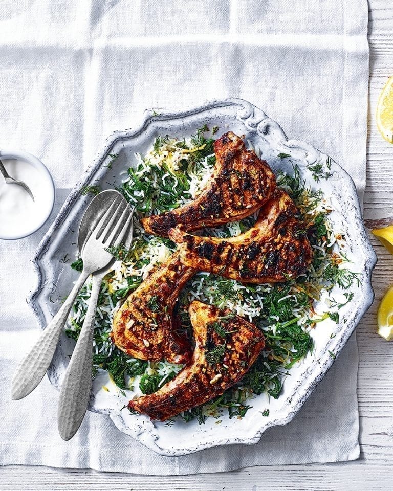 Spiced lamb cutlets with rice and spinach salad