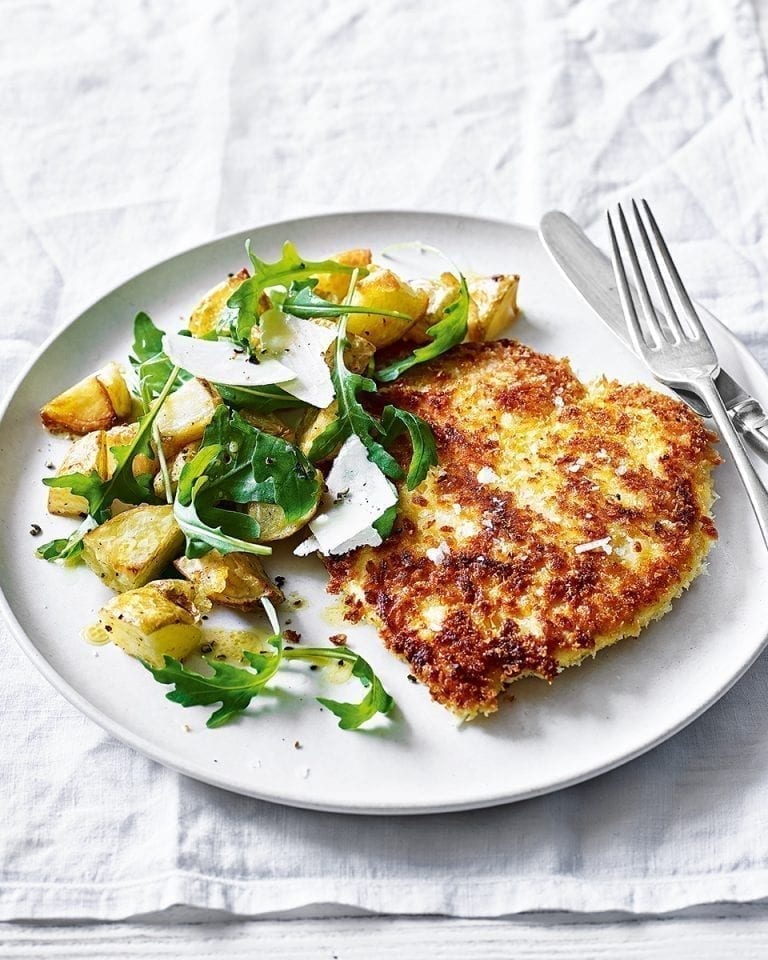 Chicken milanese with crispy potatoes and rocket