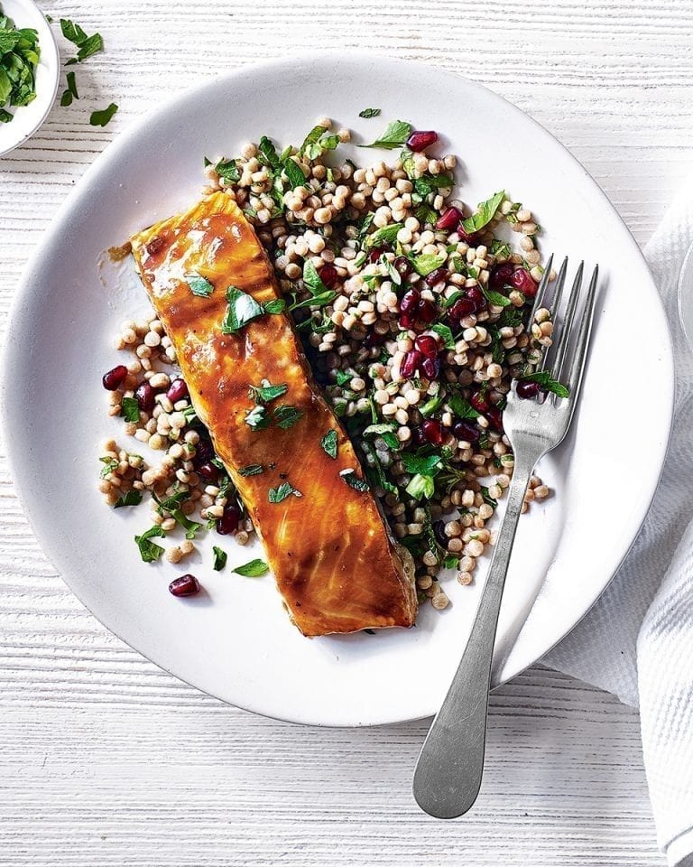 Glazed salmon with giant couscous