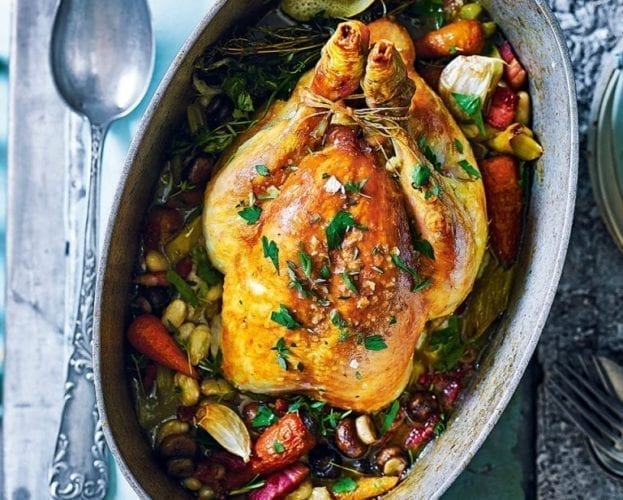 Pot roast chicken with beans (poule au pot)