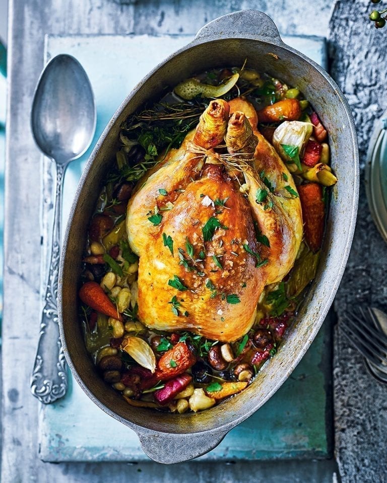 Pot roast chicken with beans (poule au pot)