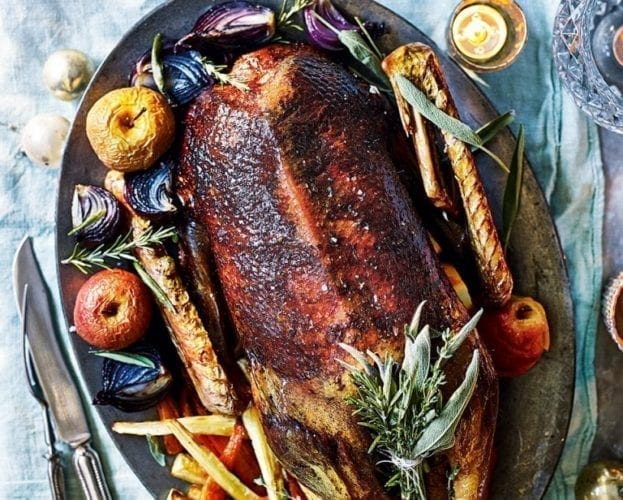 Roast goose with black pudding apple and sage