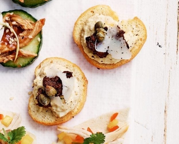 Goat’s cheese and chicory crostini with balsamic pickled shallots