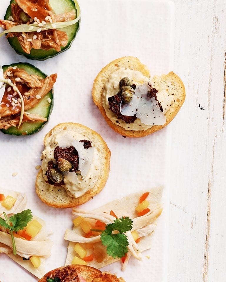 Houmous and tapenade crostini