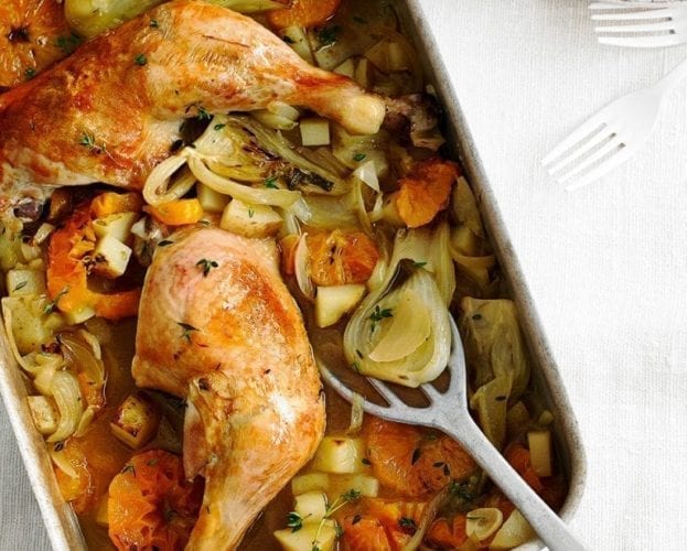 Harissa chicken, new potato and carrot traybake