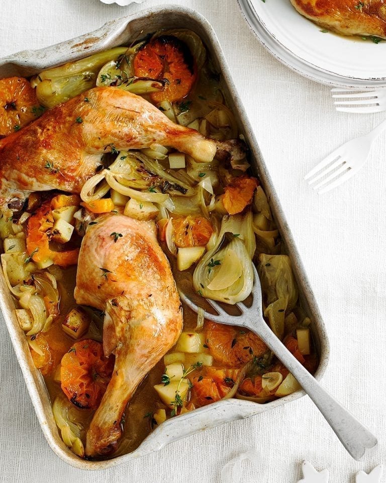 Chicken, satsuma and sherry traybake