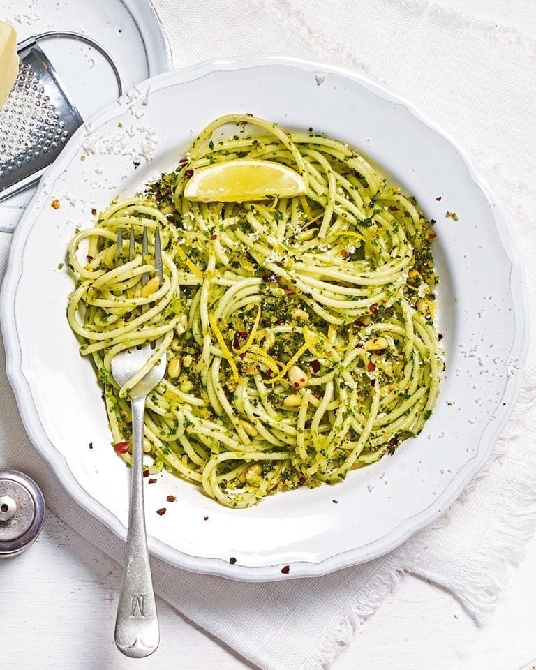 Spaghetti with kale pesto and pangrattato topping recipe delicious