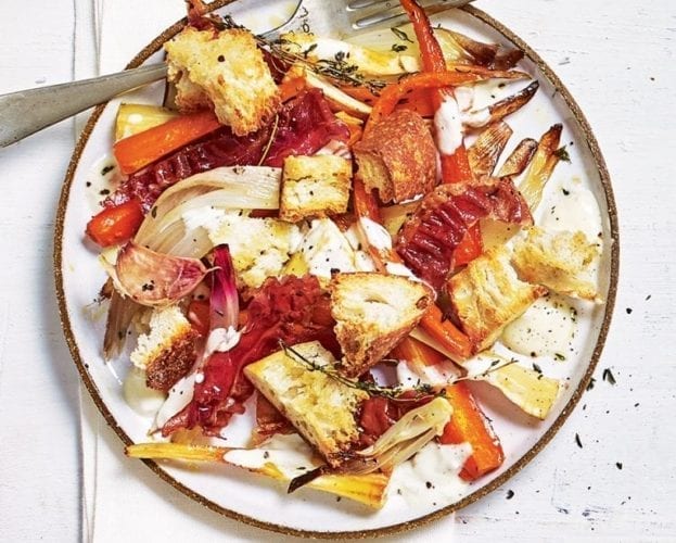 Warm root vegetable salad with parma ham