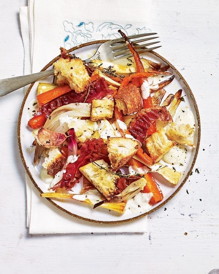 Warm root vegetable salad with parma ham