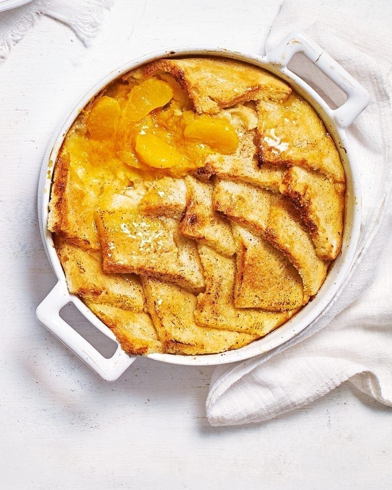 Bread and butter pudding with clementine and honey compote recipe