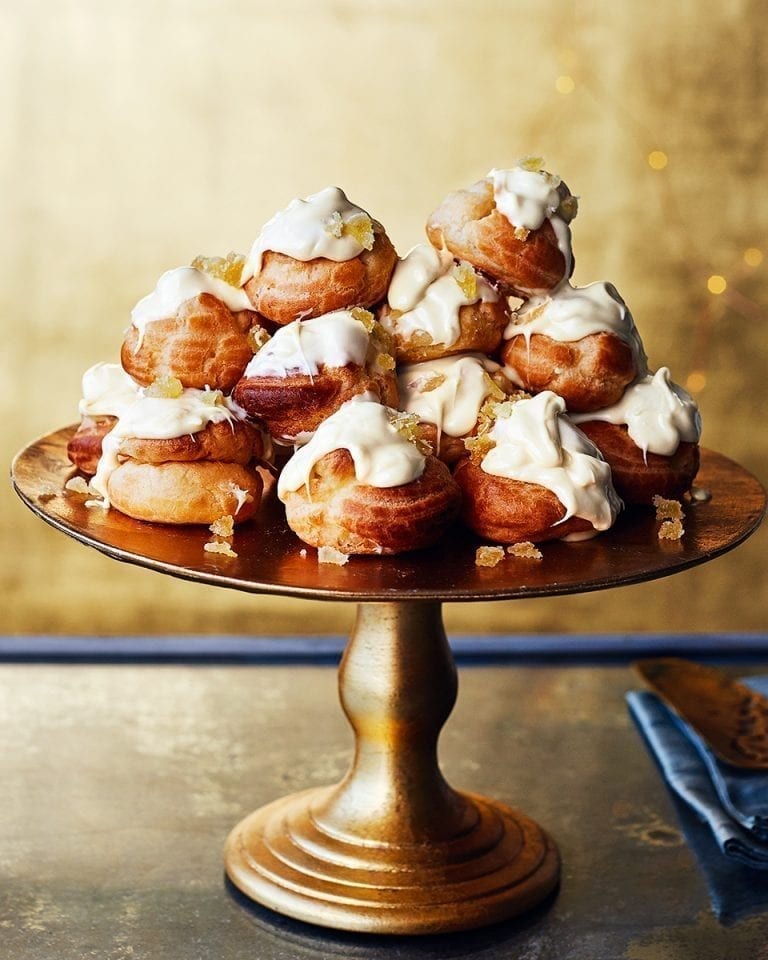 White chocolate, orange and ginger profiteroles