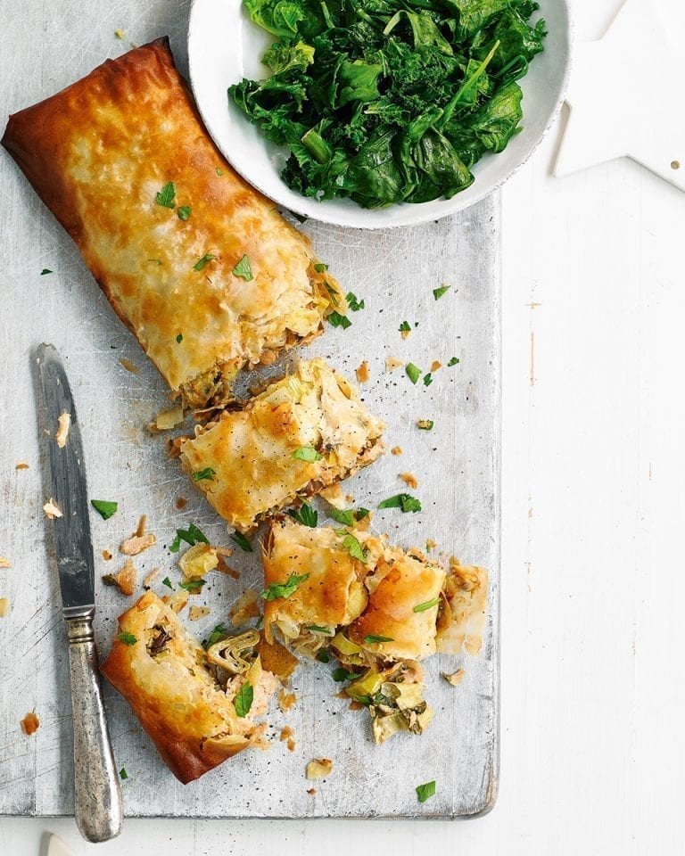 Easy smoked salmon and leek strudel